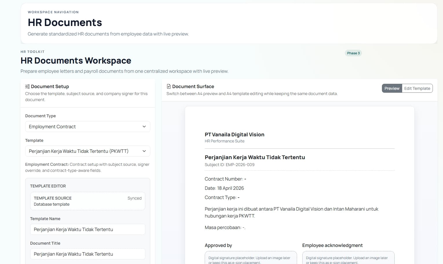 HR Suite — HR Documents with live A4 preview